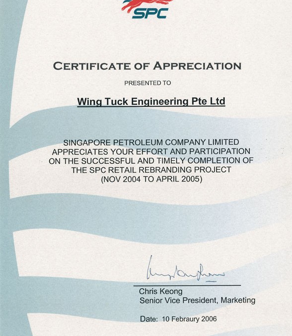 Certification of Appreciation for Safety from Singapore Petroleum Company